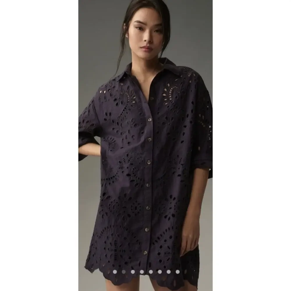 Anthropologie Eyelet Button Up Shirt Dress Size XL Purple Preppy Resort Wear